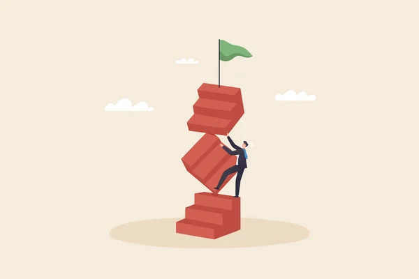 Self growth and personal development progress concept.  Businessman climbs the stairs to grab a flag