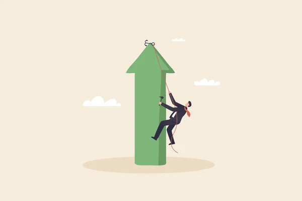 Income growth concept. Way to success, growing income or improve skill to achieve business target. businessman trying to climb to the top of the arrow graph.