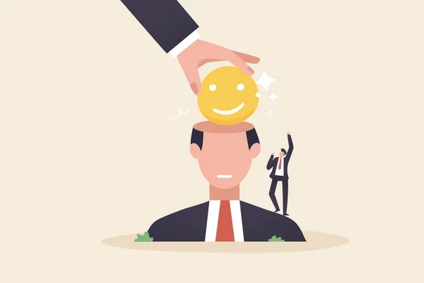 Increase work motivation Change your mind, think positive, be creative. Add a new attitude to work Drive business. A big hand places a smiling face in a human brain stock or big head.