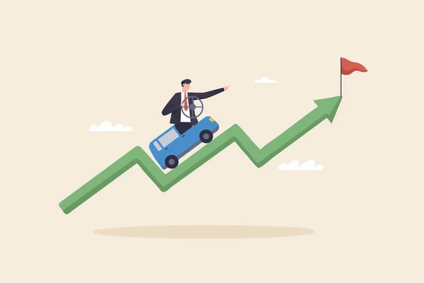 Business vision to see opportunity, Business leadership and vision to lead the company\'s success, career direction or success at work. Businessman driving a car climbs the height of the arrow graph