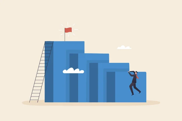 Self-improvement and personal progress are stages of growth. Achieving career goals and success A ladder of ambitions and possible success visions for the future. businessman climbing a high wall.