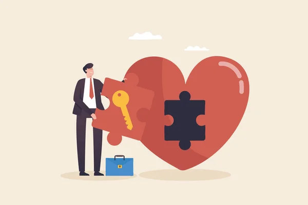 Unlock the heart of your business. love your job. Look for new opportunities. businessman holding a key to unlock the heart.