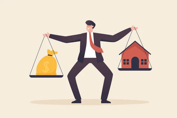 Balancing housing costs. Businessman balancing dollar and house.