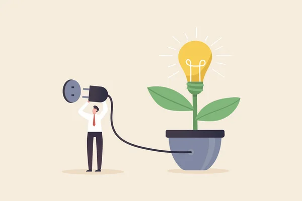 Sark new ideas that affect the business or company. create new opportunities. invent new innovation. Businessman connect electricity to light bulb tree.