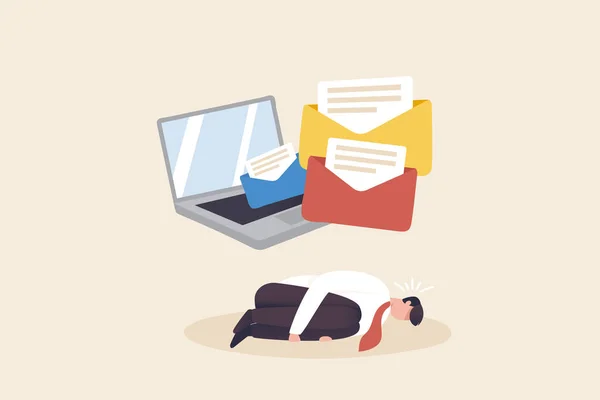 Burnout Syndrome. mental problem or stressful from too much workload.  Male employees are tired of answering emails.