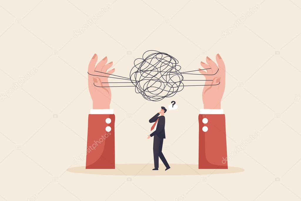 complexity concept, complex problem solution, business man thinking. difficulty or challenge to overcome to achieve success or business direction concept.
