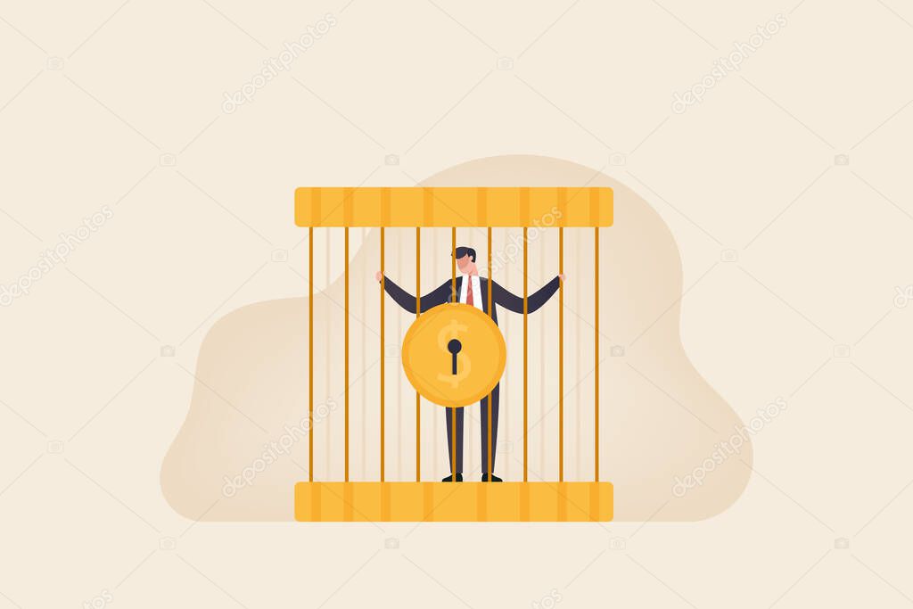 Money trap concept. Business man locked in birds cage. Businessman man in golden cage.
