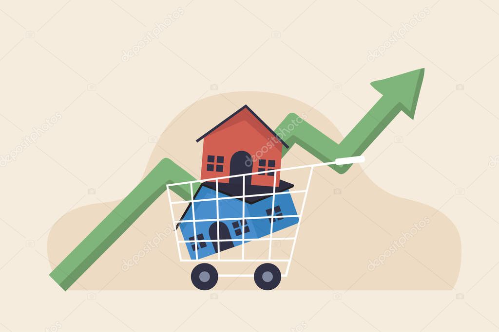 Real estate market price rising up chart. New home purchase. House inside shopping cart trolley.