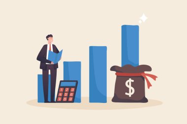 Income growth chart, financial report graph, return on investment  budget planning, mutual fund. Businessman calculates income from investments.