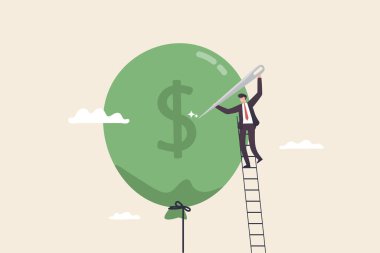 Financial Crisis, Increased inflation, devaluation concept. stop the inflation crisis raise interest rates. Businessman stabbing a financial bubble with a needle.