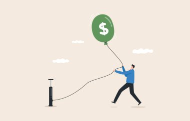 controlling inflation, monetary policy to reduce inflation or keep costs or expenses lower to maintain financial stability. A businessman tries to keep the dollar balloon from flying into the sky.