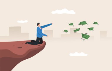 Money loss or Financial Difficulty. Financial failure, Business management. missed financial opportunities Lack of liquidity. Businessman is deep in thought while watching the flying money.