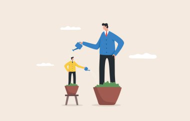 Growing Employee or companies. Support from a manager or colleague. Cooperation of people in the organization. Growth in career advancement. Managers use watering cans to help employees grow.