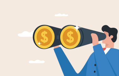 Looking for investment opportunity and business strategy or an opportunity to make money. US dollar symbol looking through a telescope.