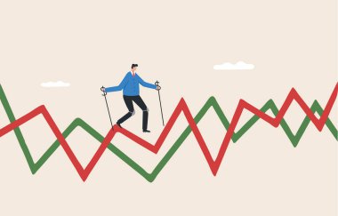 Stock market volatility or the stock chart that goes up and down alternately. investment risk and uncertainty. Invest cautiously in recession market conditions. A businessman walks carefully on the arrow graph.