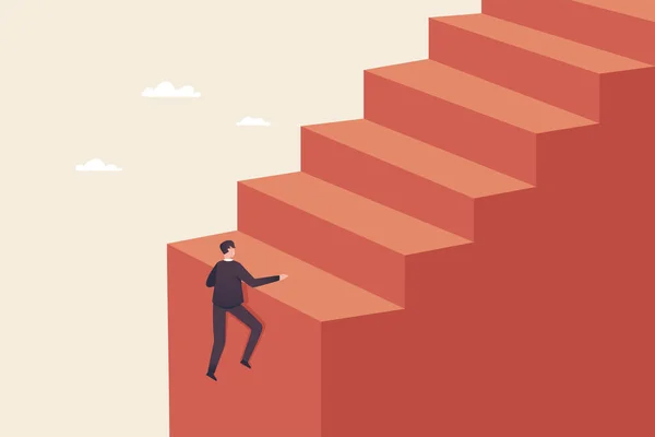 The challenges of growing a business. Difficulty getting to the top of career. A businessman is going up the stairs trying to reach the top.