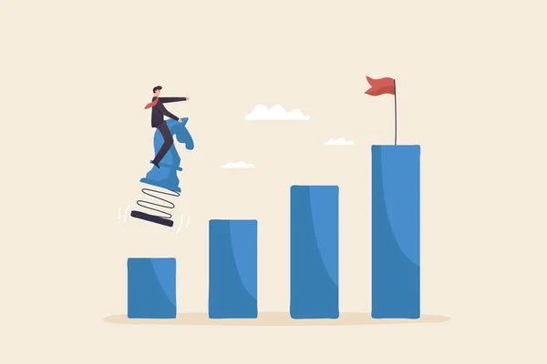 process of success, business goals, promotion to a higher level or business growth. Businessman riding chess jumps to the goal or flag atop the graph.