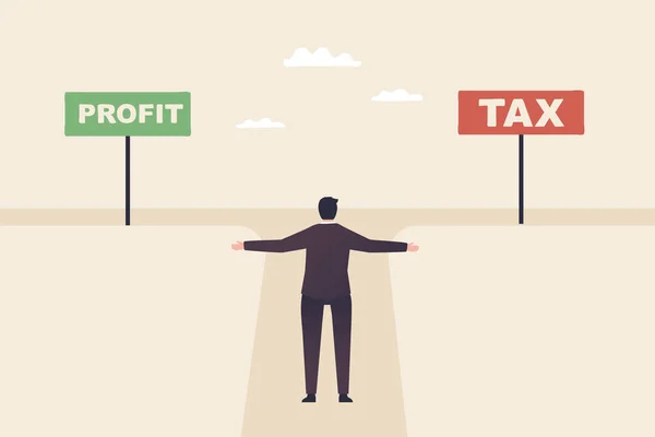 Profits Taxes Choosing Collect Profits Paying Taxes Businessman Stands Crossroads — Foto de Stock