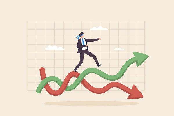market volatility, business risk. investment risk price uncertainty. Digital asset risk and financial instability. Businessman walking on arrow chart with price risk and profit.