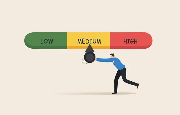 Crisis risk gauge. Risk stock, Finance, economy, inflation. Investment risk. Financial or business risk management.  Businessman tries to push the needle lower.