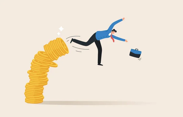 Bankruptcy, Money loss, Debt increase, Lack of finance, investment fund risk, wealth devaluation, income decrease. Businessman falls from a stack of coins.