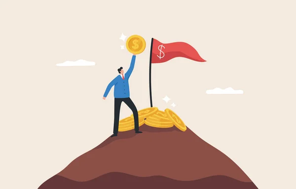 Success in finance and investment. Growing a business or company. Profit from investment. Business leader achieving goal. Businessman standing on top of a mountain.