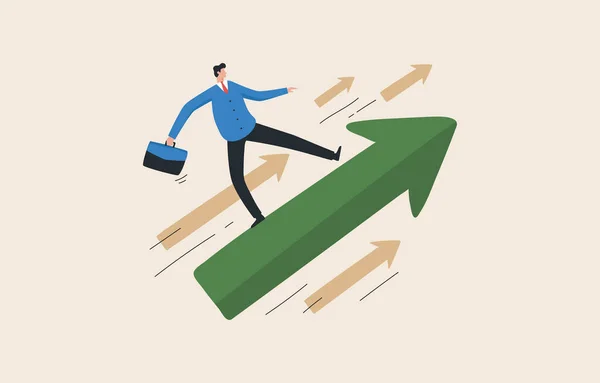 Challenges of strategy to grow and achieve business goals. Leadership in bringing the company to its goals. Leader with vision stands on a large green arrow.