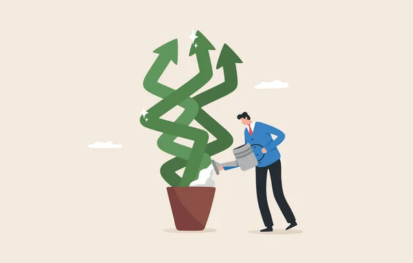 Business expansion through investment profit growth. Expansion of a business branch or a franchise.  Businessman watering down the growing arrow.