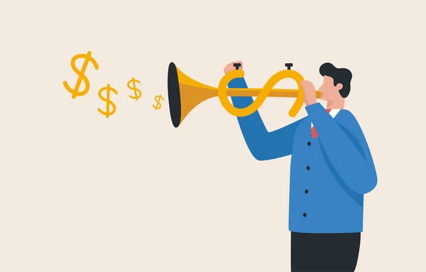 Create new opportunities or innovations to make money. Every career has an opportunity to earn rewards. Businessman blowing a trumpet for money.