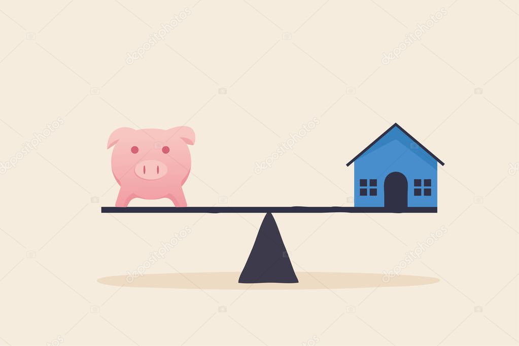Balancing housing costs. Scale is balancing piggy bank vs house.