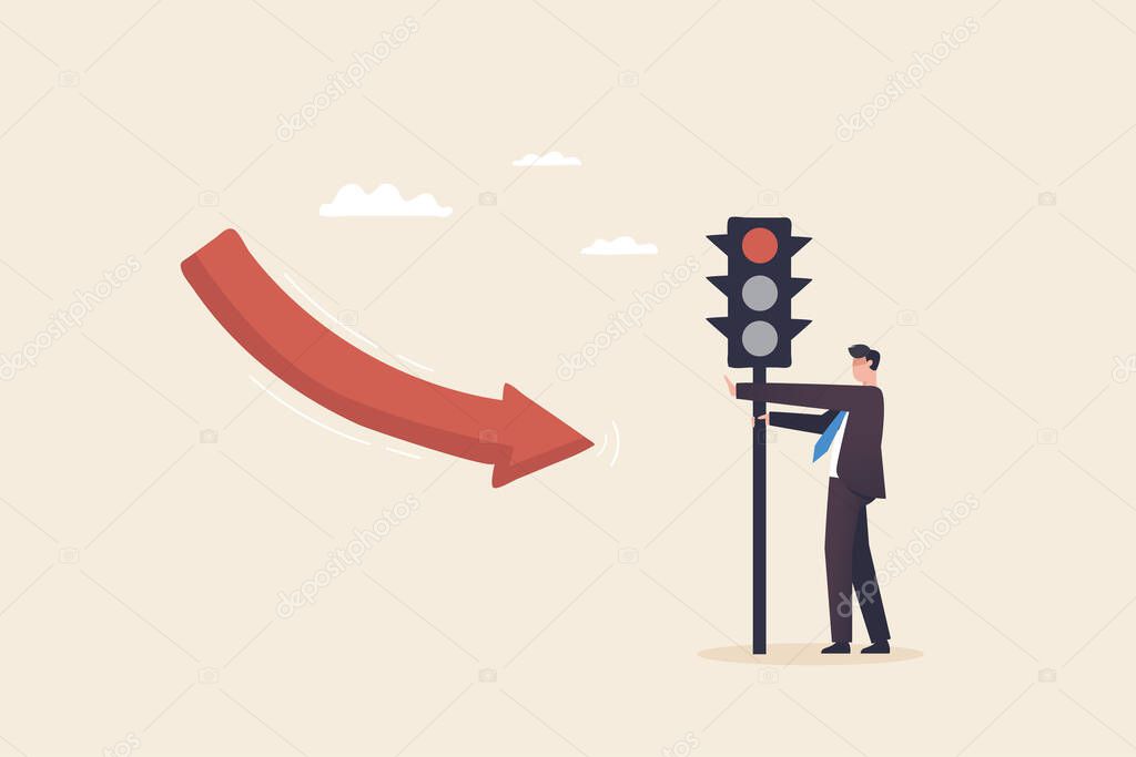 Stop Loss, Stock Market Crisis, Currency Crisis, Market Volatility. A businessman stops losing profits by using traffic lights.