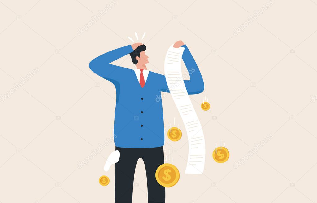 Financial Difficulty, Invoice receipts, bill payments, monthly expenses Necessary expenses, tax invoices, income after expenses or personal taxes. Businessman shocked by expense bills.