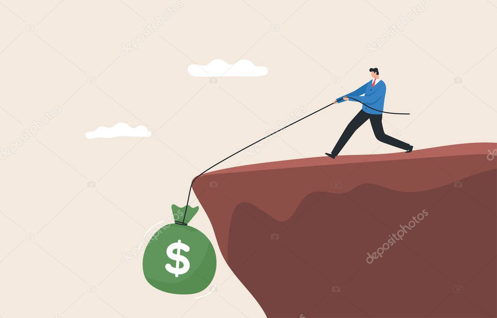 Financial hardship, Difficulty paying your bills and repayments on loans and debts when they are due. work hard to make money. Businessman work hard to pull wealth up the cliff.