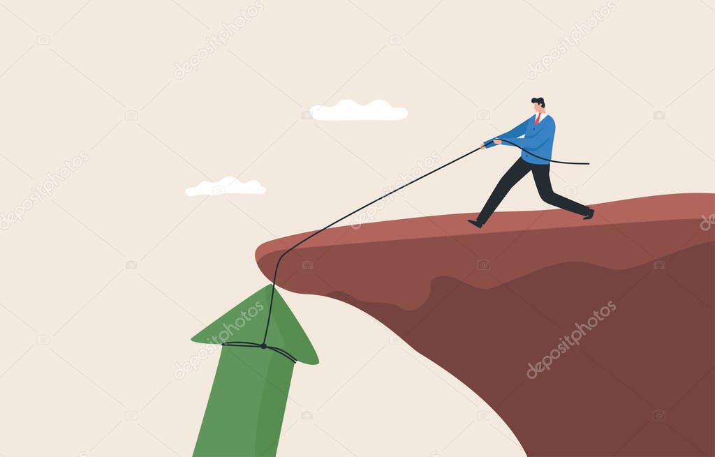 Stock market salvage, The process of rehabilitation or the stock market. Facing the financial or investment crisis. A businessman tries to pull an arrow graph up from a cliff.