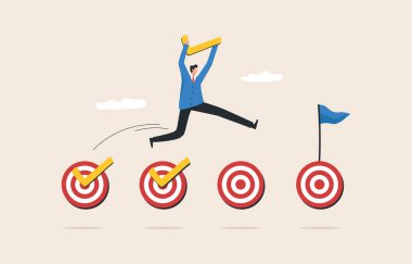 Goals accomplished. Achieving personal or business goals Marketing and other projects. Check and track. Businessman carrying big tick mark to get work done.