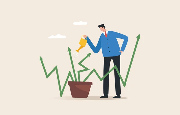 Business growth. Bringing businesses into the stock market. Growth of a company or fund. Investing for long term results. A businessman waters down a green graph into a plant pot.