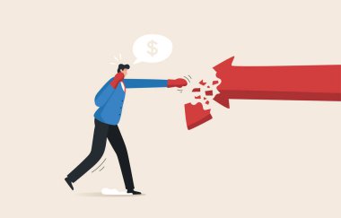 Cope with the economic recession.  Fight bear market to survive. Maintaining financial liquidity. Boxing glove businessman fights with red arrow graph.