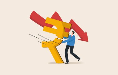 India  Financial Crisis. Rupee currency crisis. Monetary policy crisis. Depression india economy. A businessman tries to support the falling rupee symbol.