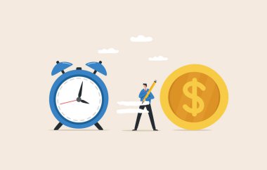 Time is money concept, time value of money, save time, Money saving.Time management. A businessman writes an equal sign in the middle between the clock and the dollar coin.