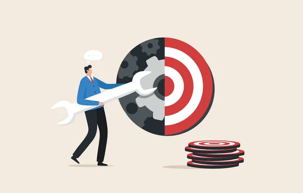 Goal setting. Action plan to set goals. Assess abilities and passion.  plan clearly and act immediately. Businessman holding a wrench to adjust the dartboard target.