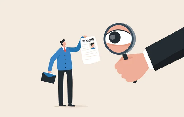 Recruiting new employees. Human Resources Background Checks for employers and HR specialists. Hand of hiring manager using magnifying glass tor review resume.