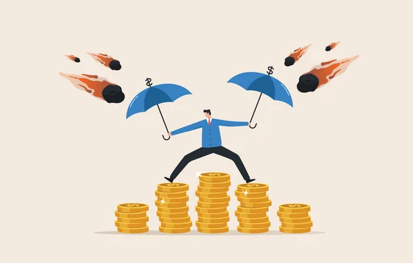Protect financial stability. Increase asset security. Savings, deposits, or retirement funds. businessman holding strong umbrella to protect money coin.