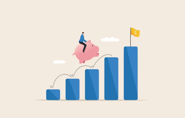 investment goals and revenue growth.  Interest earned from savings. stock funds. A businessman riding a piggy bank runs up the top charts.