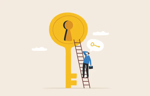 Key to business success. Opportunity or Ladder of Challenges. Unlocking abilities to develop potential. Businessman climbs the stairs to  the keyhole.