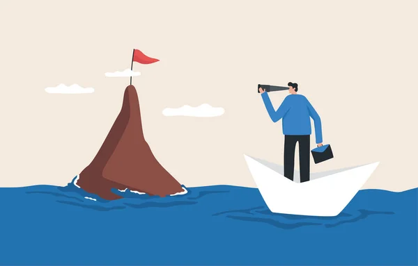 The Way Forward. Look for a way to survive the business. chance of life or job duties. Businessman rowing a boat looking for a flag.