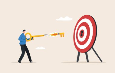 Key to success. Unlock important goals. Results of business strategy.  Career paths and challenges. Businessman aiming key to  archery target.