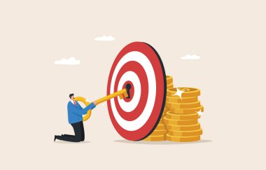Keys to Financial Success. Build wealth and prosperity. Financial knowledge. Businessman putting key into bullseye target key hold to unlock money assets.