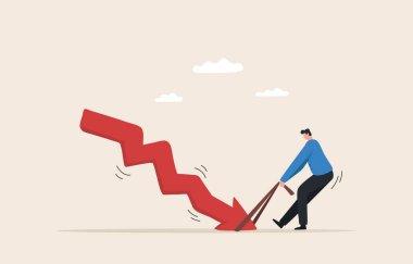 Solve investment problems in times of crisis. Effort to win business challenge. Stock market or crypto currency crash. Businessman tries to pull an arrow pointing up.