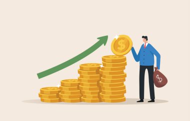 Growing profits from doing business or investing in stocks. an increase in income. Compound interest yield. Long term investing. Businessman  put more dollar coin money to increase his savings.