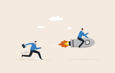 Competitive advantage. Strategy or smart way to win business or career growth. Businessman with rocket guides to victory.